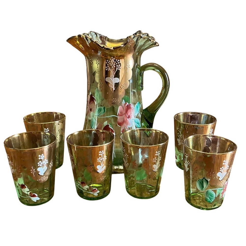 Vintage Bohemian Green Glass Pitcher & 6 Glasses Hand Painted Floral Gold Set - Picture 1 of 16